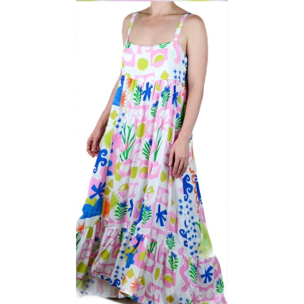 Paper Heart Women's Square Neck Colorful Tropical Summer Pockets Maxi Dress L